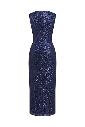 Vestido de cóctel midi de lentejuelas con escote en V azul marino con abertura